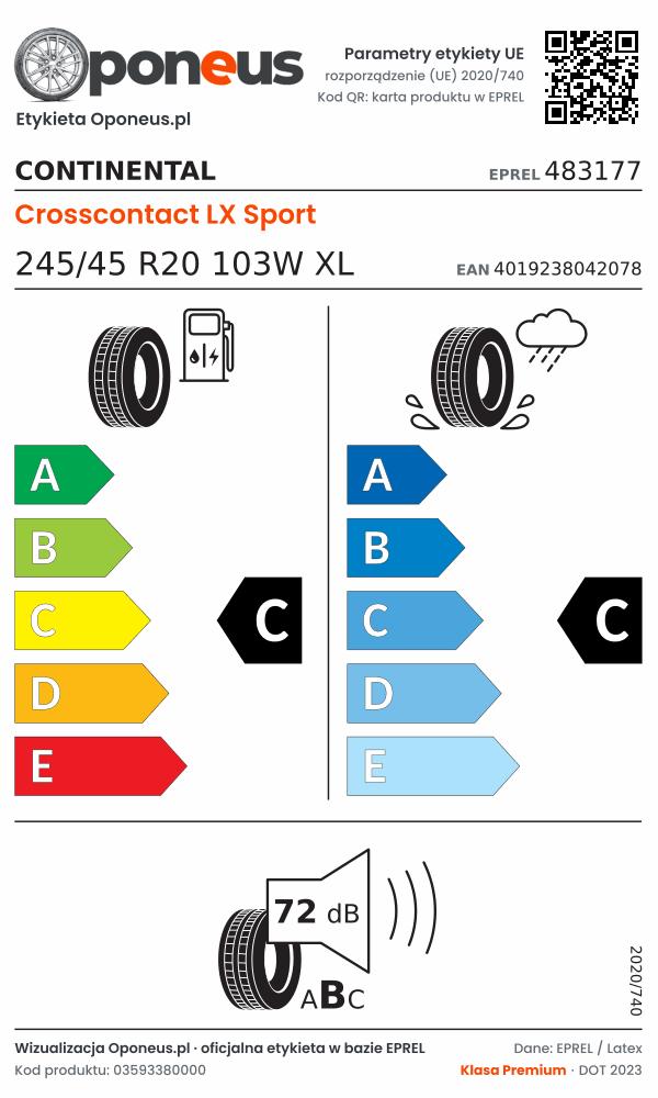 Parametry etykiety UE opony Continental Crosscontact LX Sport 245/45 R20 103W XL: efektywność paliwowa C, przyczepność na mokrej nawierzchni C, hałas 72 dB (klasa B)