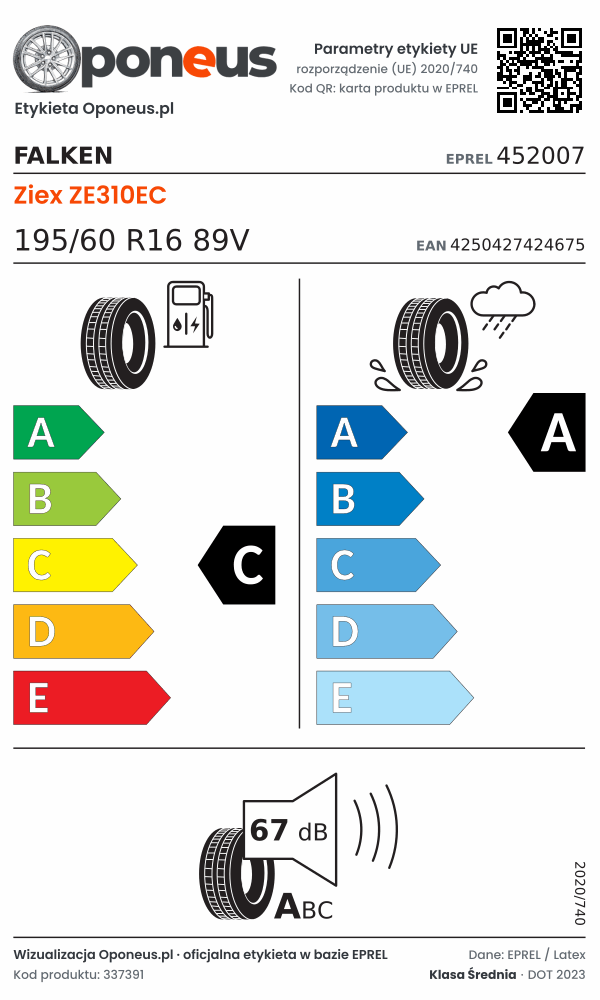 Parametry etykiety UE opony Falken Ziex ZE310EC 195/60 R16 89V: efektywność paliwowa C, przyczepność na mokrej nawierzchni A, hałas 67 dB (klasa A)
