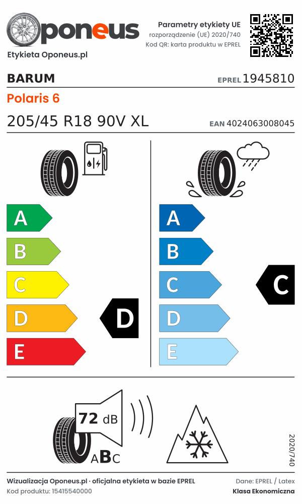 Parametry etykiety UE opony Barum Polaris 6 205/45 R18 90V XL: efektywność paliwowa D, przyczepność na mokrej nawierzchni C, hałas 72 dB (klasa B), 3PMSF