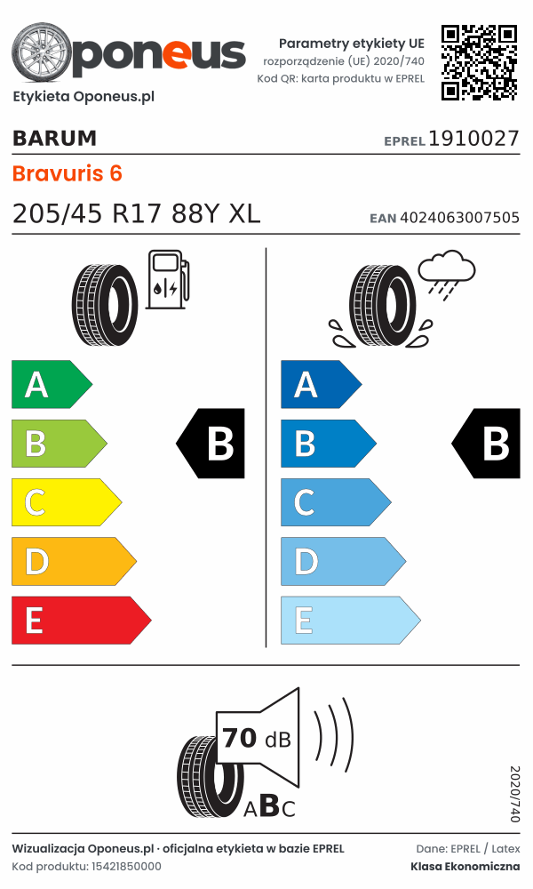 Parametry etykiety UE opony Barum Bravuris 6 205/45 R17 88Y XL: efektywność paliwowa B, przyczepność na mokrej nawierzchni B, hałas 70 dB (klasa B)