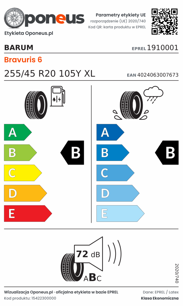 Parametry etykiety UE opony Barum Bravuris 6 255/45 R20 105Y XL: efektywność paliwowa B, przyczepność na mokrej nawierzchni B, hałas 72 dB (klasa B)