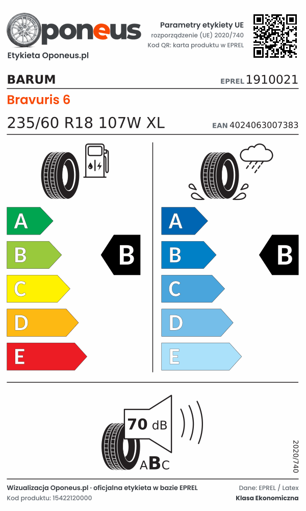 Parametry etykiety UE opony Barum Bravuris 6 235/60 R18 107W XL: efektywność paliwowa B, przyczepność na mokrej nawierzchni B, hałas 70 dB (klasa B)