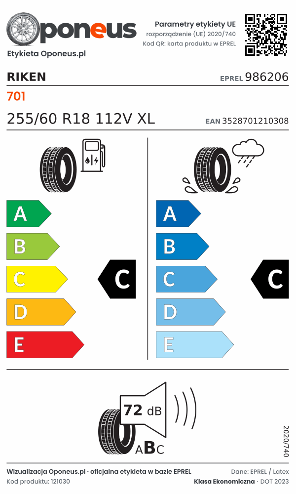 Parametry etykiety UE opony Riken 701 255/60 R18 112V XL: efektywność paliwowa C, przyczepność na mokrej nawierzchni C, hałas 72 dB (klasa B)