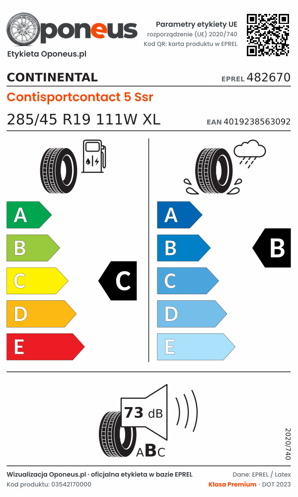 Parametry etykiety UE opony Continental Contisportcontact 5 Ssr 285/45 R19 111W XL: efektywność paliwowa C, przyczepność na mokrej nawierzchni B, hałas 73 dB (klasa B)