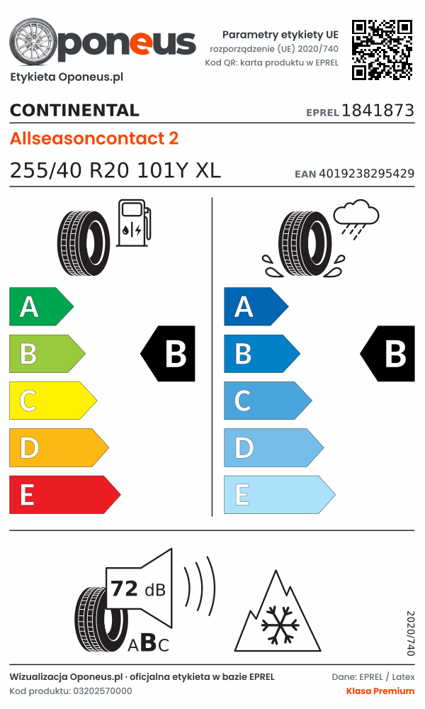 Parametry etykiety UE opony Continental Allseasoncontact 2 255/40 R20 101Y XL: efektywność paliwowa B, przyczepność na mokrej nawierzchni B, hałas 72 dB (klasa B), 3PMSF