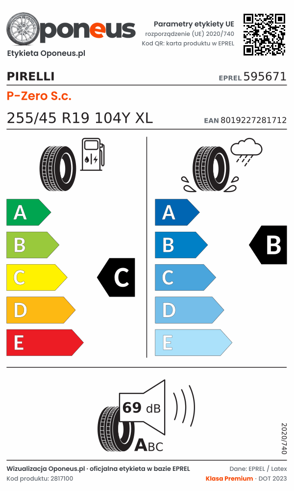 Parametry etykiety UE opony Pirelli P-Zero S.c. 255/45 R19 104Y XL: efektywność paliwowa C, przyczepność na mokrej nawierzchni B, hałas 69 dB (klasa A)