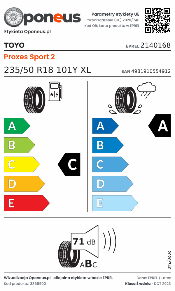 Parametry etykiety UE opony Toyo Proxes Sport 2 235/50 R18 101Y XL: efektywność paliwowa C, przyczepność na mokrej nawierzchni A, hałas 71 dB (klasa B)