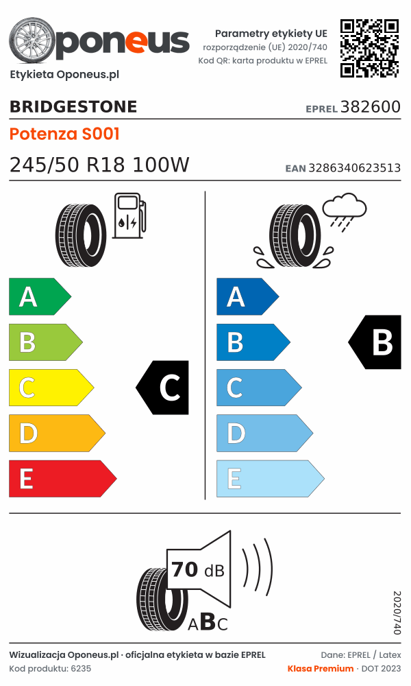 Parametry etykiety UE opony Bridgestone Potenza S001 245/50 R18 100W: efektywność paliwowa C, przyczepność na mokrej nawierzchni B, hałas 70 dB (klasa B)