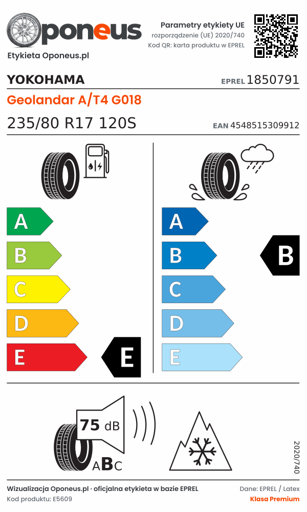 Parametry etykiety UE opony Yokohama Geolandar A/T4 G018 235/80 R17 120S: efektywność paliwowa E, przyczepność na mokrej nawierzchni B, hałas 75 dB (klasa B), 3PMSF