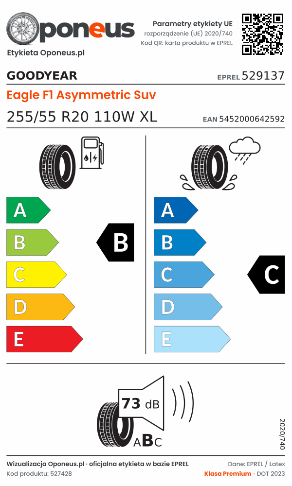 Parametry etykiety UE opony Goodyear Eagle F1 Asymmetric Suv 255/55 R20 110W XL: efektywność paliwowa B, przyczepność na mokrej nawierzchni C, hałas 73 dB (klasa B)