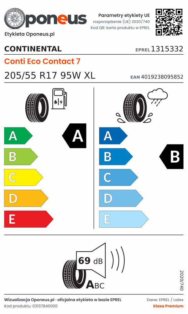 Parametry etykiety UE opony Continental Conti Eco Contact 7 205/55 R17 95W XL: efektywność paliwowa A, przyczepność na mokrej nawierzchni B, hałas 69 dB (klasa A)