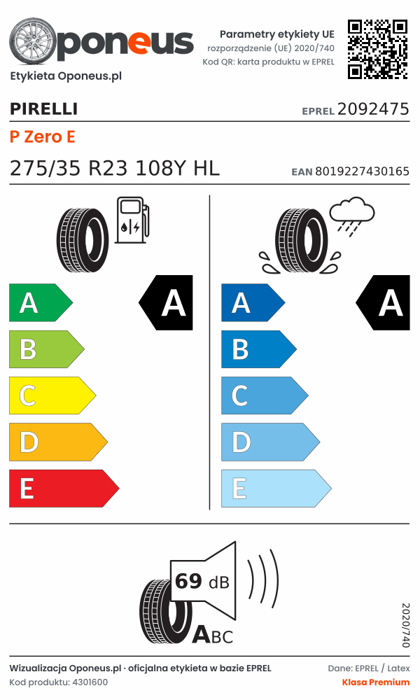 Parametry etykiety UE opony Pirelli P Zero E 275/35 R23 108Y HL: efektywność paliwowa A, przyczepność na mokrej nawierzchni A, hałas 69 dB (klasa A)