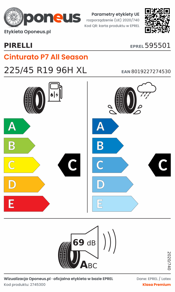 Parametry etykiety UE opony Pirelli Cinturato P7 All Season 225/45 R19 96H XL: efektywność paliwowa C, przyczepność na mokrej nawierzchni C, hałas 69 dB (klasa A)