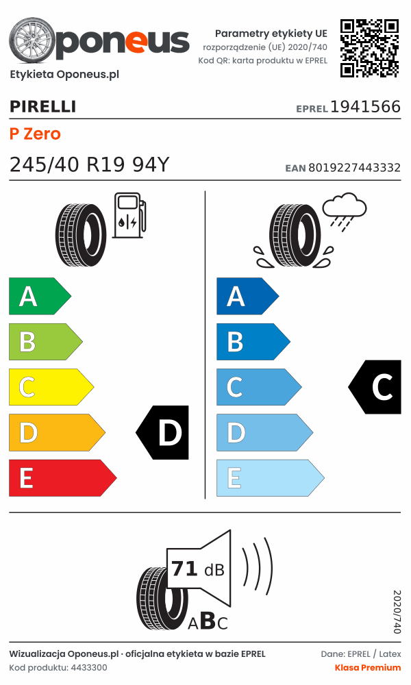 Parametry etykiety UE opony Pirelli P Zero 245/40 R19 94Y: efektywność paliwowa D, przyczepność na mokrej nawierzchni C, hałas 71 dB (klasa B)