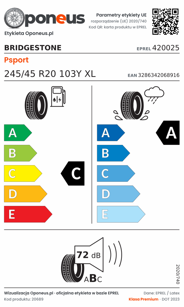 Parametry etykiety UE opony Bridgestone Psport 245/45 R20 103Y XL: efektywność paliwowa C, przyczepność na mokrej nawierzchni A, hałas 72 dB (klasa B)