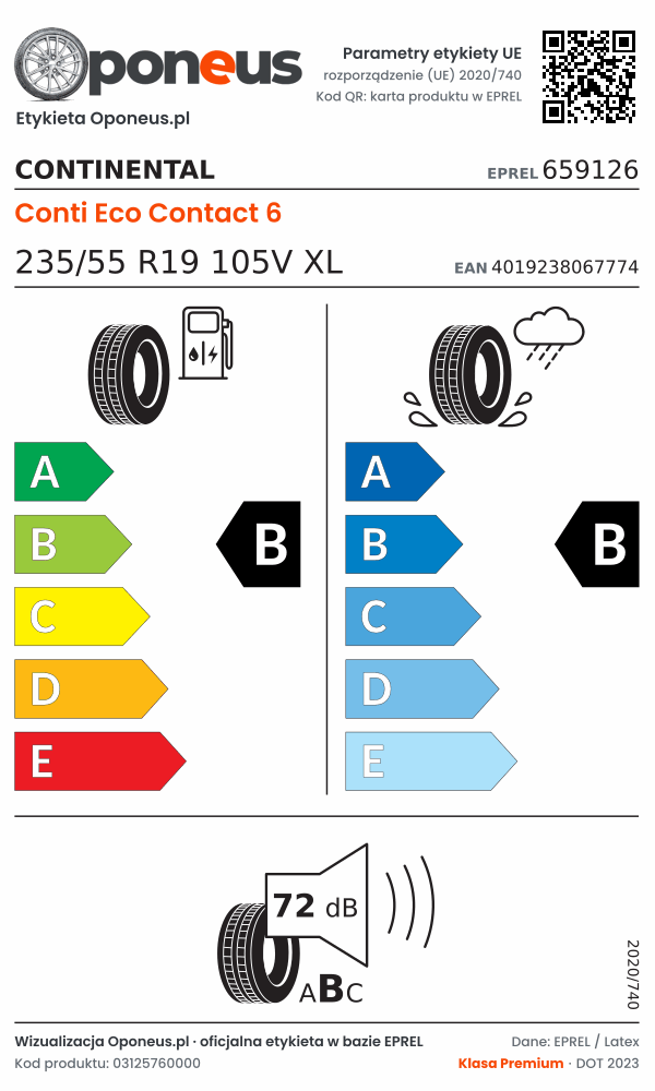 Parametry etykiety UE opony Continental Conti Eco Contact 6 235/55 R19 105V XL: efektywność paliwowa B, przyczepność na mokrej nawierzchni B, hałas 72 dB (klasa B)
