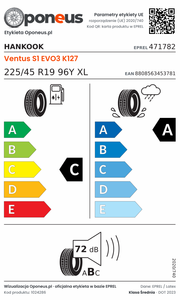 Parametry etykiety UE opony Hankook Ventus S1 EVO3 K127 225/45 R19 96Y XL: efektywność paliwowa C, przyczepność na mokrej nawierzchni A, hałas 72 dB (klasa B)