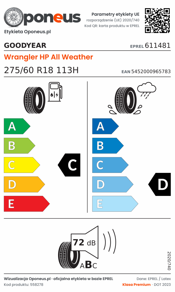 Parametry etykiety UE opony Goodyear Wrangler HP All Weather 275/60 R18 113H: efektywność paliwowa C, przyczepność na mokrej nawierzchni D, hałas 72 dB (klasa B)