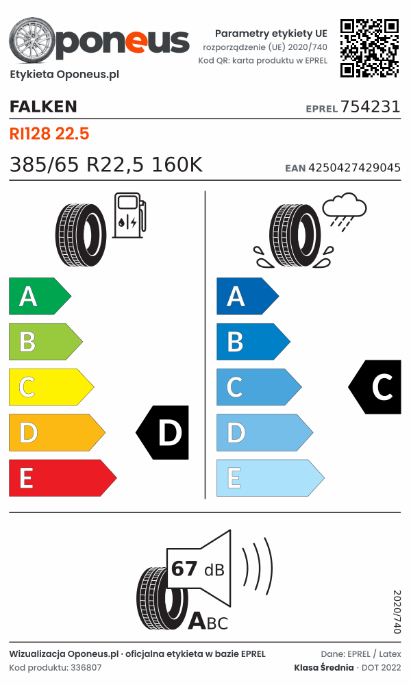 Parametry etykiety UE opony Falken RI128 22.5 385/65 R22,5 160K: efektywność paliwowa D, przyczepność na mokrej nawierzchni C, hałas 67 dB (klasa A)