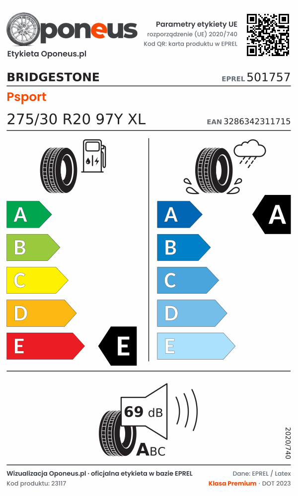 Parametry etykiety UE opony Bridgestone Psport 275/30 R20 97Y XL: efektywność paliwowa E, przyczepność na mokrej nawierzchni A, hałas 69 dB (klasa A)