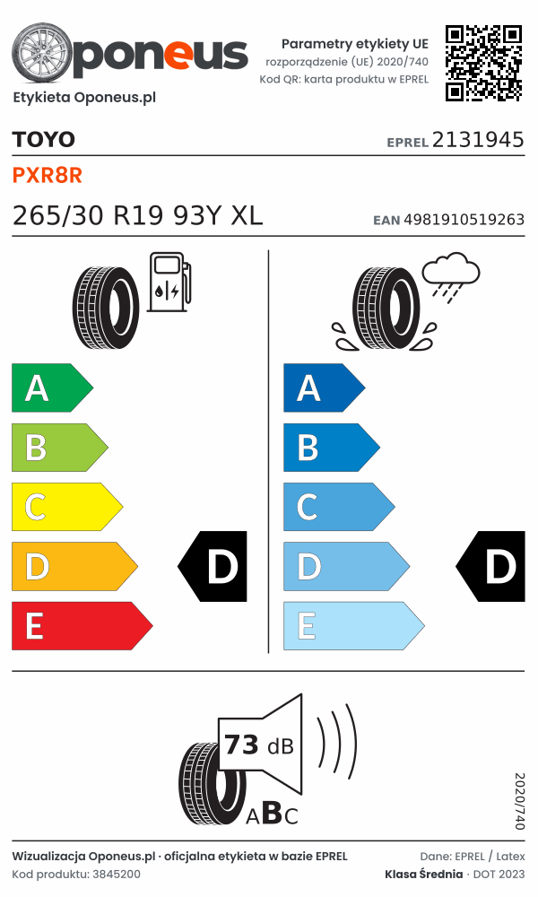 Parametry etykiety UE opony Toyo PXR8R 265/30 R19 93Y XL: efektywność paliwowa D, przyczepność na mokrej nawierzchni D, hałas 73 dB (klasa B)