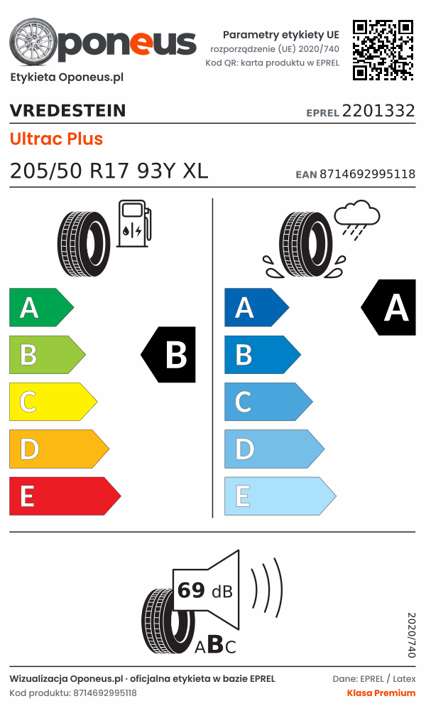 Parametry etykiety UE opony Vredestein Ultrac Plus 205/50 R17 93Y XL: efektywność paliwowa B, przyczepność na mokrej nawierzchni A, hałas 69 dB (klasa B)