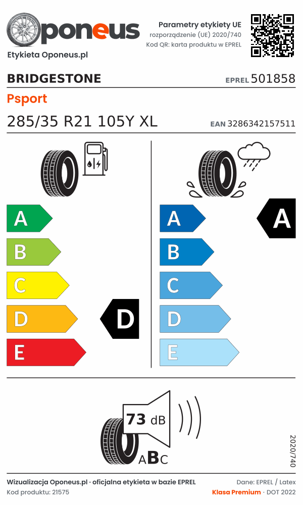 Parametry etykiety UE opony Bridgestone Psport 285/35 R21 105Y XL: efektywność paliwowa D, przyczepność na mokrej nawierzchni A, hałas 73 dB (klasa B)