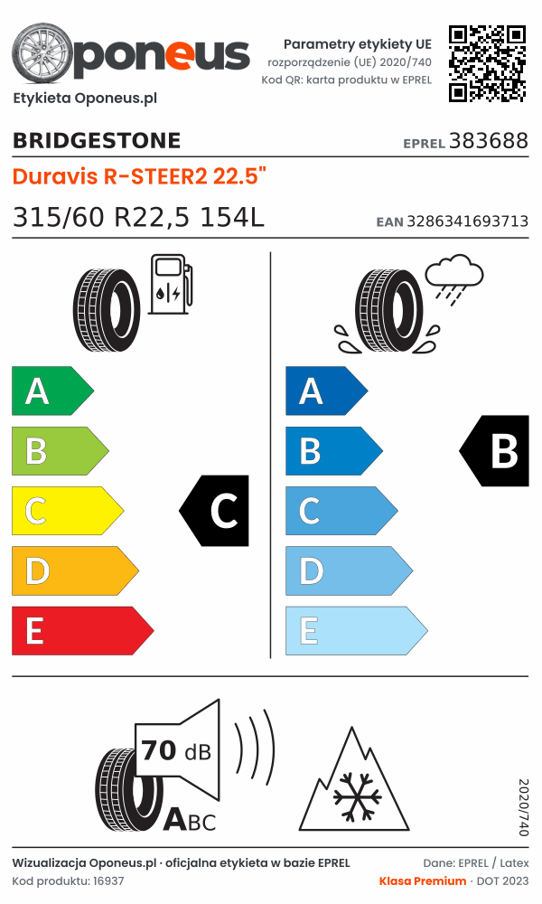 Parametry etykiety UE opony Bridgestone Duravis R-STEER2 22.5" 315/60 R22,5 154L: efektywność paliwowa C, przyczepność na mokrej nawierzchni B, hałas 70 dB (klasa A), 3PMSF