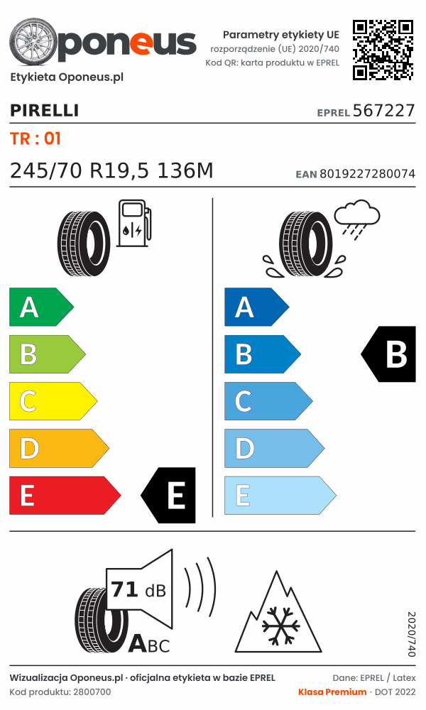 Parametry etykiety UE opony Pirelli TR : 01 245/70 R19,5 136M: efektywność paliwowa E, przyczepność na mokrej nawierzchni B, hałas 71 dB (klasa A), 3PMSF