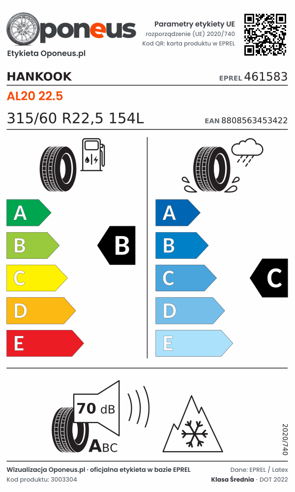 Parametry etykiety UE opony Hankook AL20 22.5 315/60 R22,5 154L: efektywność paliwowa B, przyczepność na mokrej nawierzchni C, hałas 70 dB (klasa A), 3PMSF