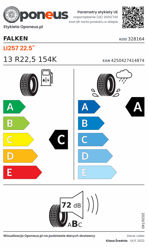 Parametry etykiety UE opony Falken LI257 22.5" 13 R22,5 154K: efektywność paliwowa C, przyczepność na mokrej nawierzchni A, hałas 72 dB (klasa B)