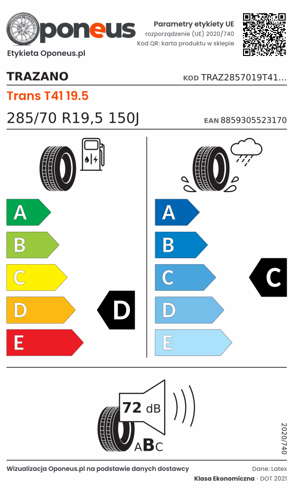 Parametry etykiety UE opony Trazano Trans T41 19.5 285/70 R19,5 150J: efektywność paliwowa D, przyczepność na mokrej nawierzchni C, hałas 72 dB (klasa B)