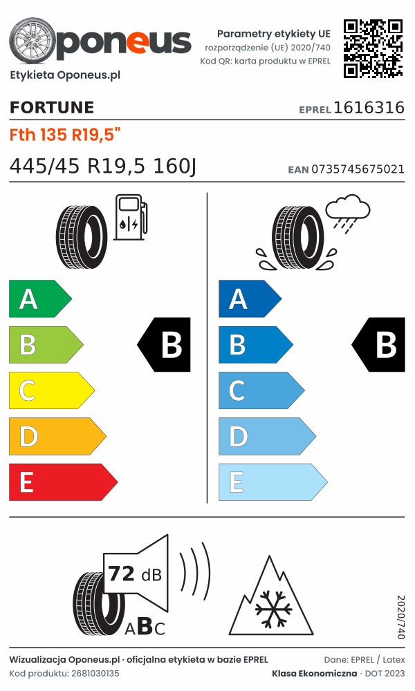 Parametry etykiety UE opony Fortune Fth 135 R19,5" 445/45 R19,5 160J: efektywność paliwowa B, przyczepność na mokrej nawierzchni B, hałas 72 dB (klasa B), 3PMSF