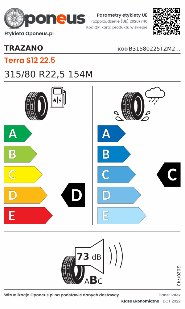 Parametry etykiety UE opony Trazano Terra S12 22.5 315/80 R22,5 154M: efektywność paliwowa D, przyczepność na mokrej nawierzchni C, hałas 73 dB (klasa B)