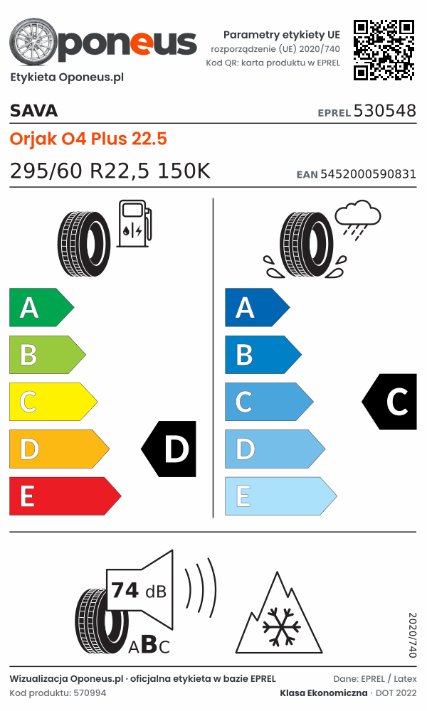 Parametry etykiety UE opony Sava Orjak O4 Plus 22.5 295/60 R22,5 150K: efektywność paliwowa D, przyczepność na mokrej nawierzchni C, hałas 74 dB (klasa B), 3PMSF