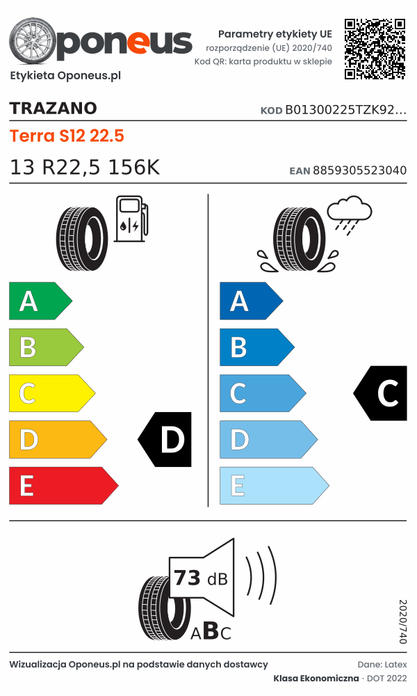 Parametry etykiety UE opony Trazano Terra S12 22.5 13 R22,5 156K: efektywność paliwowa D, przyczepność na mokrej nawierzchni C, hałas 73 dB (klasa B)