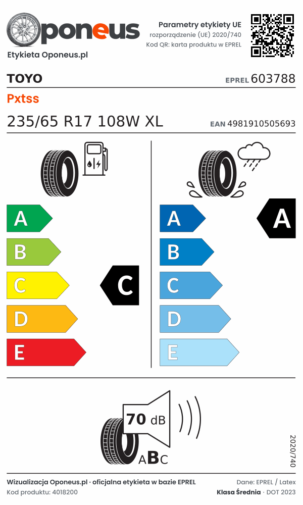 Parametry etykiety UE opony Toyo Pxtss 235/65 R17 108W XL: efektywność paliwowa C, przyczepność na mokrej nawierzchni A, hałas 70 dB (klasa B)