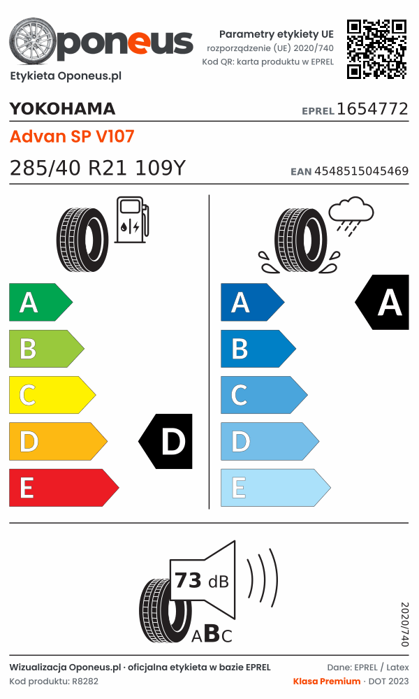 Parametry etykiety UE opony Yokohama Advan SP V107 285/40 R21 109Y: efektywność paliwowa D, przyczepność na mokrej nawierzchni A, hałas 73 dB (klasa B)