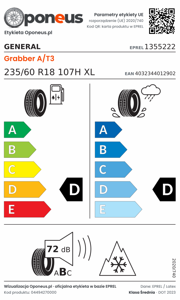 Parametry etykiety UE opony General Grabber A/T3 235/60 R18 107H XL: efektywność paliwowa D, przyczepność na mokrej nawierzchni D, hałas 72 dB (klasa B), 3PMSF