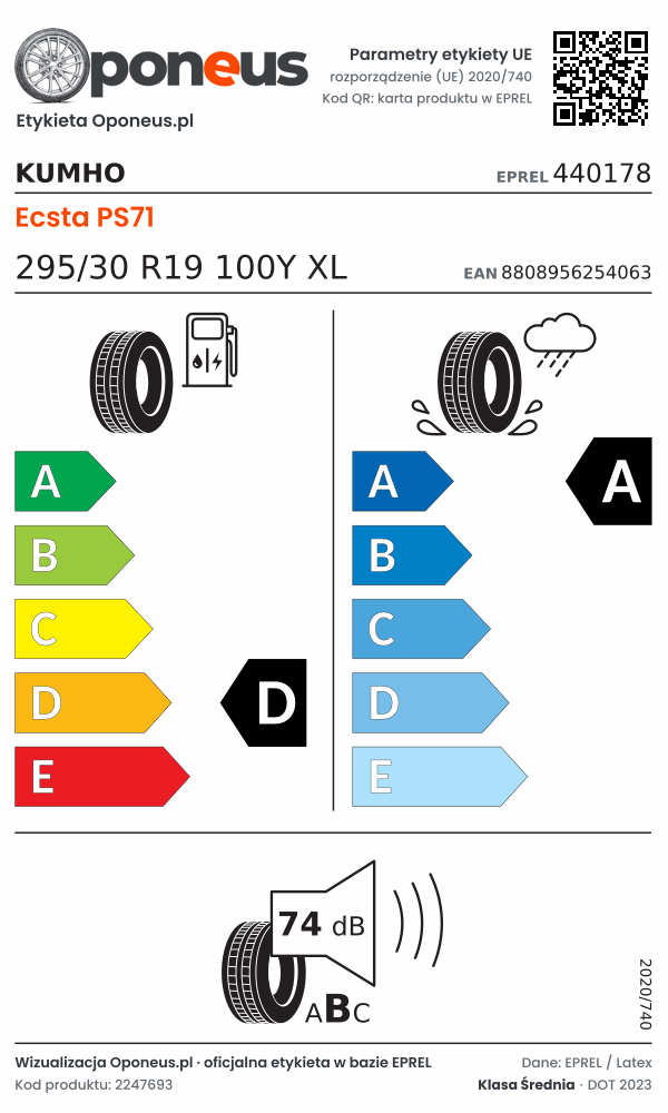 Parametry etykiety UE opony Kumho Ecsta PS71 295/30 R19 100Y XL: efektywność paliwowa D, przyczepność na mokrej nawierzchni A, hałas 74 dB (klasa B)