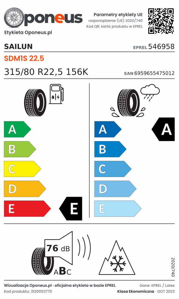 Parametry etykiety UE opony Sailun SDM1S 22.5 315/80 R22,5 156K: efektywność paliwowa E, przyczepność na mokrej nawierzchni A, hałas 76 dB (klasa B), 3PMSF