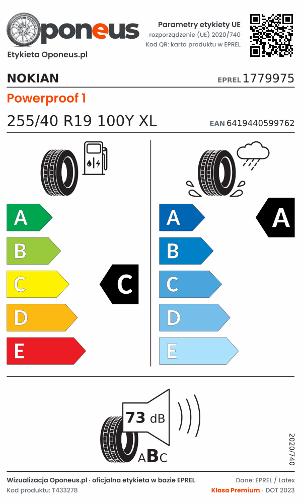 Parametry etykiety UE opony Nokian Powerproof 1 255/40 R19 100Y XL: efektywność paliwowa C, przyczepność na mokrej nawierzchni A, hałas 73 dB (klasa B)