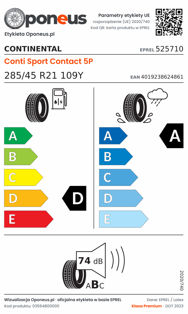 Parametry etykiety UE opony Continental Conti Sport Contact 5P 285/45 R21 109Y: efektywność paliwowa D, przyczepność na mokrej nawierzchni A, hałas 74 dB (klasa B)