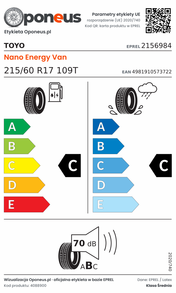 Parametry etykiety UE opony Toyo Nano Energy Van 215/60 R17 109T: efektywność paliwowa C, przyczepność na mokrej nawierzchni C, hałas 70 dB (klasa B)