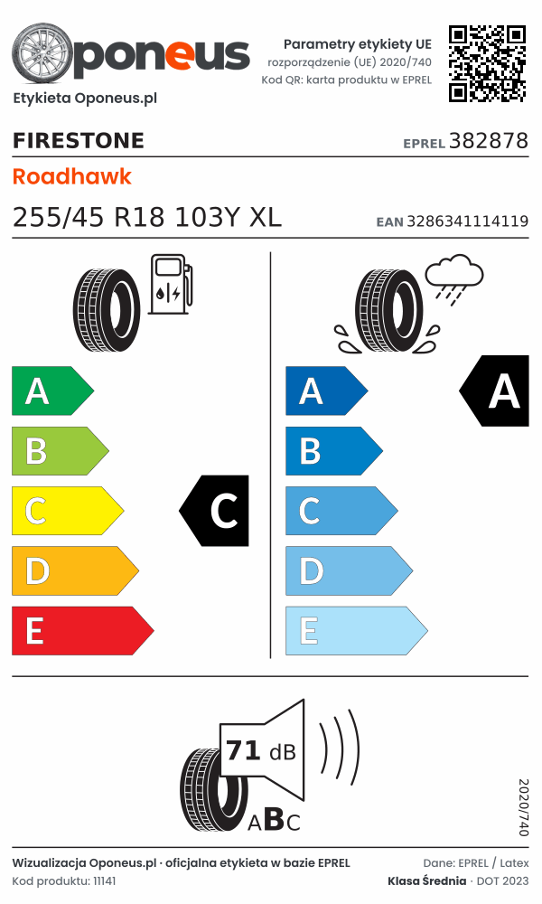 Parametry etykiety UE opony Firestone Roadhawk 255/45 R18 103Y XL: efektywność paliwowa C, przyczepność na mokrej nawierzchni A, hałas 71 dB (klasa B)