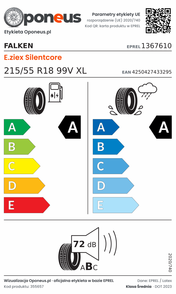 Parametry etykiety UE opony Falken E.ziex Silentcore 215/55 R18 99V XL: efektywność paliwowa A, przyczepność na mokrej nawierzchni A, hałas 72 dB (klasa B)