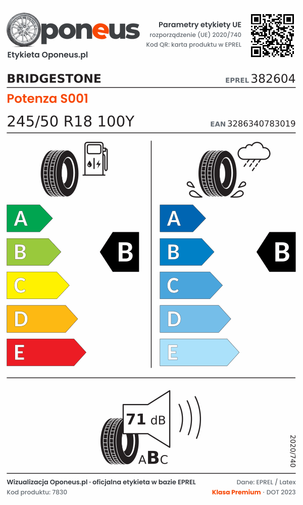 Parametry etykiety UE opony Bridgestone Potenza S001 245/50 R18 100Y: efektywność paliwowa B, przyczepność na mokrej nawierzchni B, hałas 71 dB (klasa B)