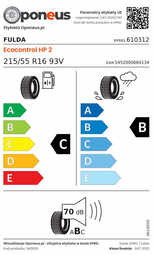 Parametry etykiety UE opony Fulda Ecocontrol HP 2 215/55 R16 93V: efektywność paliwowa C, przyczepność na mokrej nawierzchni B, hałas 70 dB (klasa B)
