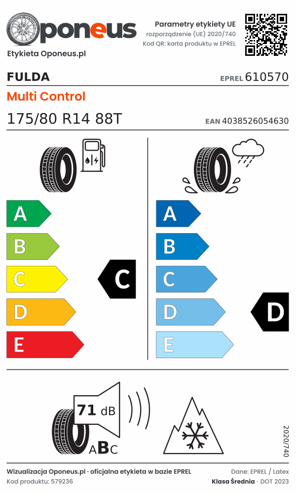 Parametry etykiety UE opony Fulda Multi Control 175/80 R14 88T: efektywność paliwowa C, przyczepność na mokrej nawierzchni D, hałas 71 dB (klasa B), 3PMSF