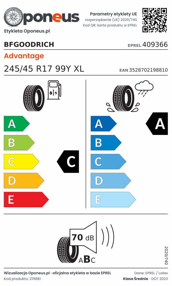 Parametry etykiety UE opony BFGoodrich Advantage 245/45 R17 99Y XL: efektywność paliwowa C, przyczepność na mokrej nawierzchni A, hałas 70 dB (klasa B)
